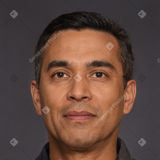 Neutral white adult male with short  black hair and brown eyes