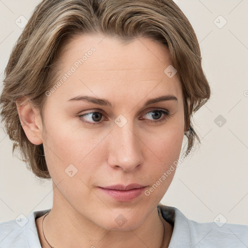 Neutral white young-adult female with medium  brown hair and grey eyes