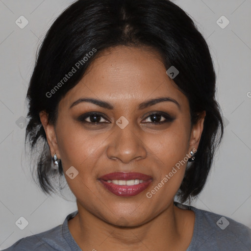 Joyful black young-adult female with medium  brown hair and brown eyes