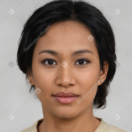 Neutral asian young-adult female with medium  black hair and brown eyes