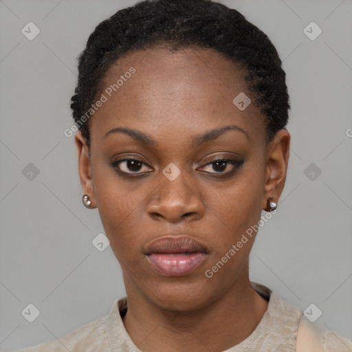 Neutral black young-adult female with short  black hair and brown eyes