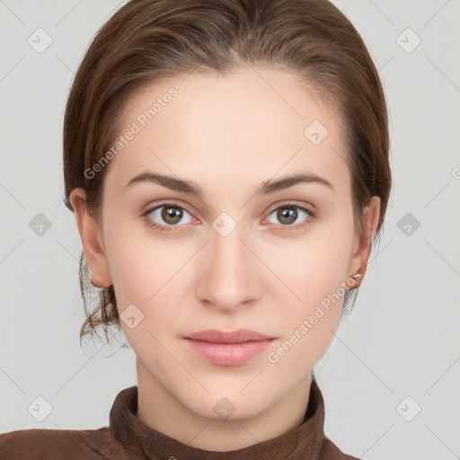 Neutral white young-adult female with short  brown hair and brown eyes