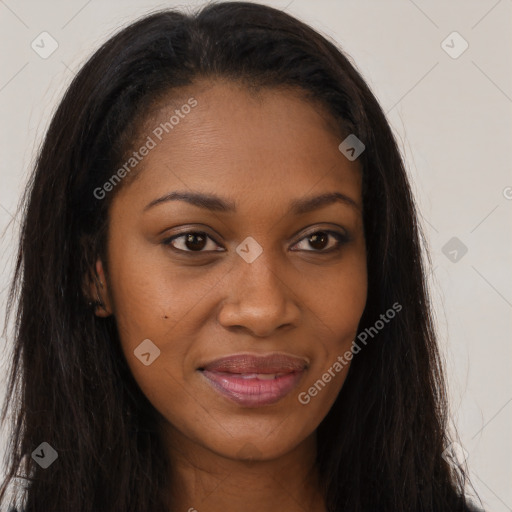 Joyful asian young-adult female with long  brown hair and brown eyes