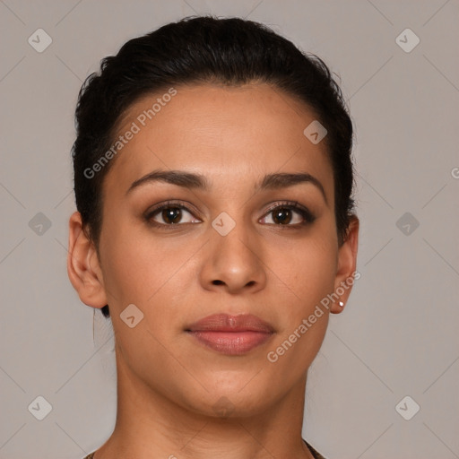 Joyful latino young-adult female with short  brown hair and brown eyes