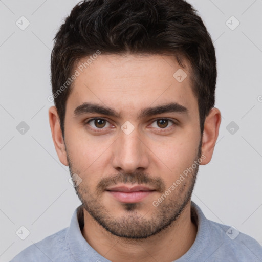 Neutral white young-adult male with short  brown hair and brown eyes