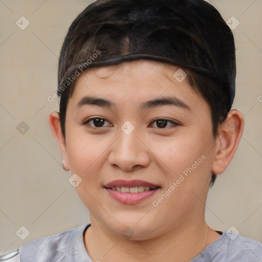 Joyful asian young-adult female with short  brown hair and brown eyes