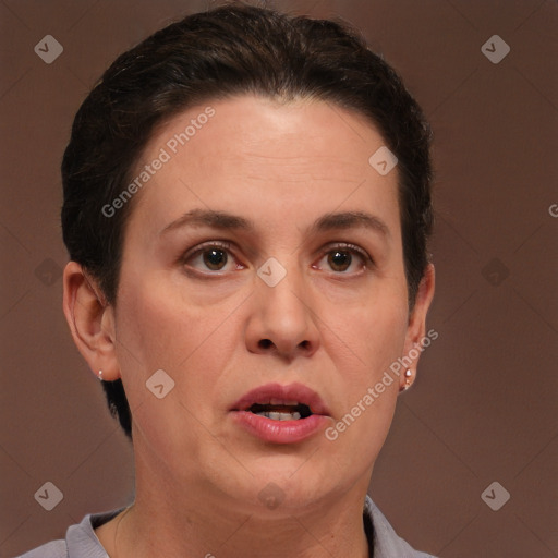 Neutral white adult female with short  brown hair and brown eyes