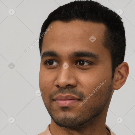 Neutral black young-adult male with short  black hair and brown eyes