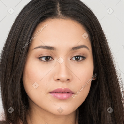 Neutral asian young-adult female with long  brown hair and brown eyes