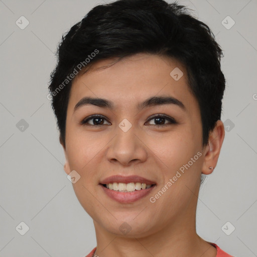 Joyful asian young-adult female with short  brown hair and brown eyes