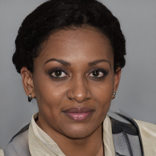Joyful latino adult female with short  brown hair and brown eyes