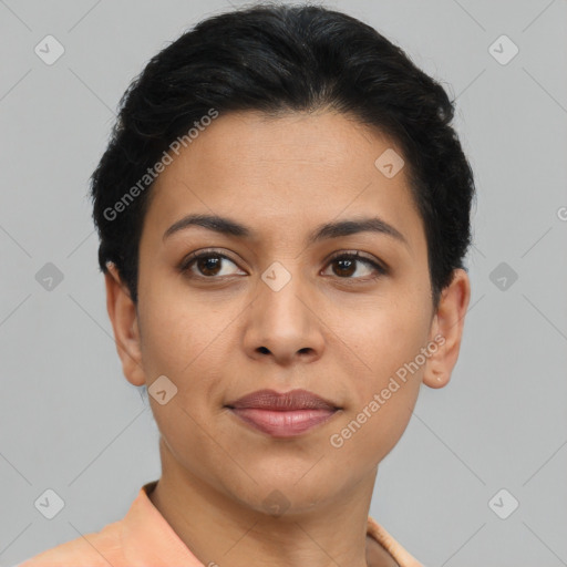 Joyful latino young-adult female with short  brown hair and brown eyes