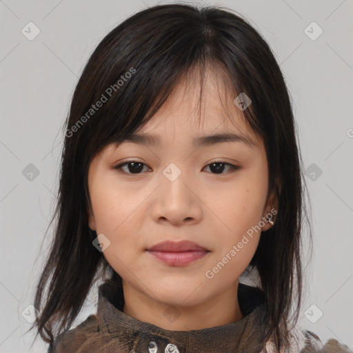 Neutral asian young-adult female with medium  brown hair and brown eyes