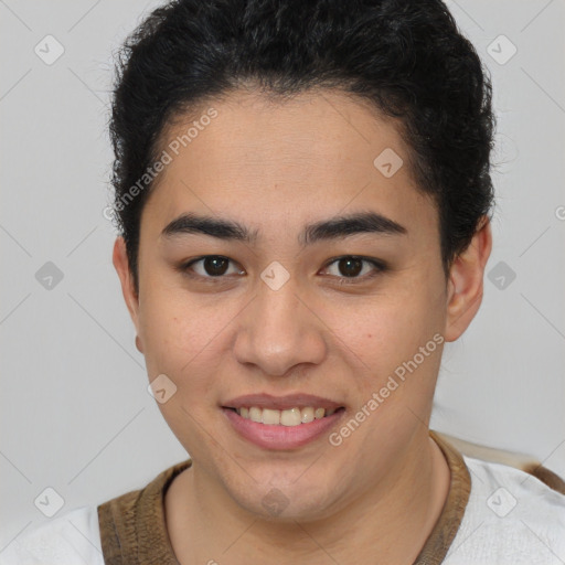 Joyful latino young-adult female with short  brown hair and brown eyes