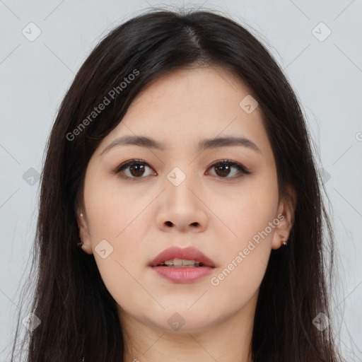 Neutral asian young-adult female with long  brown hair and brown eyes