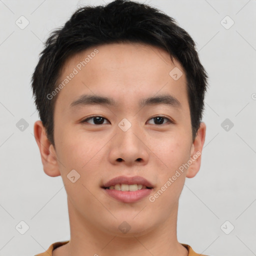 Joyful asian young-adult male with short  brown hair and brown eyes