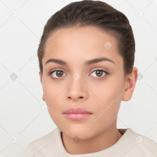 Neutral white young-adult female with short  brown hair and brown eyes