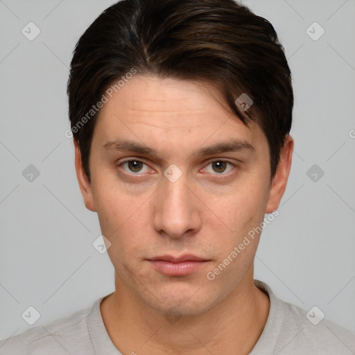 Neutral white young-adult male with short  brown hair and brown eyes