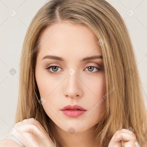 Neutral white young-adult female with long  brown hair and brown eyes