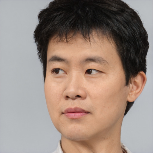 Joyful asian adult male with short  brown hair and brown eyes