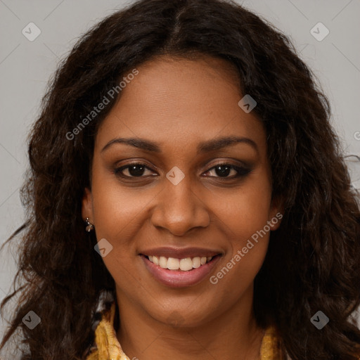 Joyful black young-adult female with long  brown hair and brown eyes