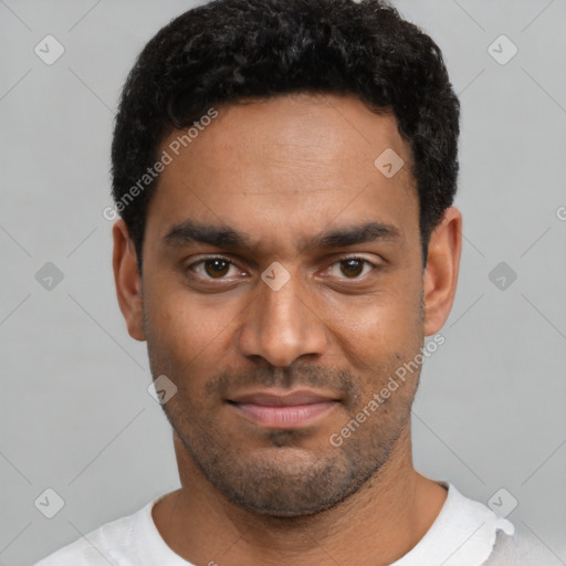 Neutral latino young-adult male with short  black hair and brown eyes