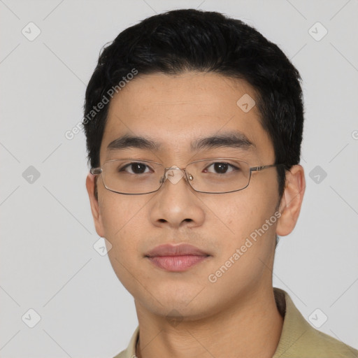 Neutral asian young-adult male with short  black hair and brown eyes