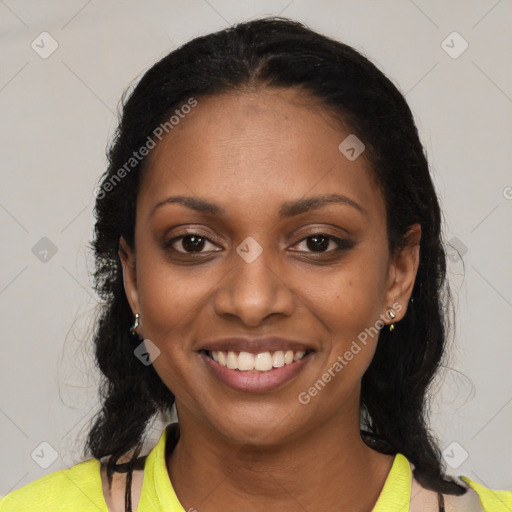 Joyful black young-adult female with medium  black hair and brown eyes