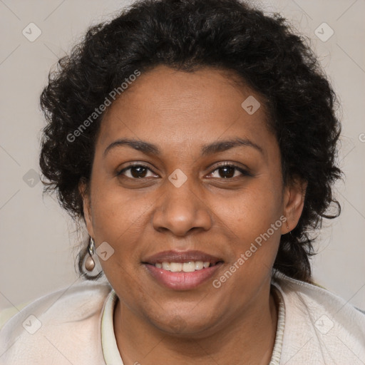 Joyful black adult female with short  brown hair and brown eyes