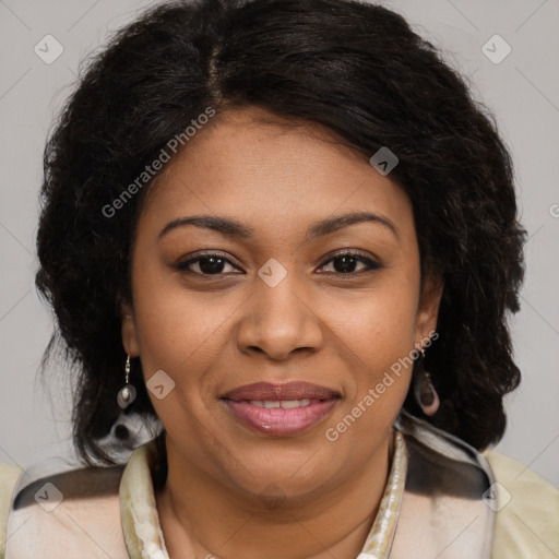 Joyful black young-adult female with long  brown hair and brown eyes