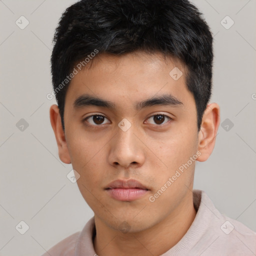 Neutral asian young-adult male with short  black hair and brown eyes