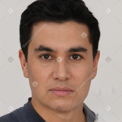 Neutral latino young-adult male with short  black hair and brown eyes