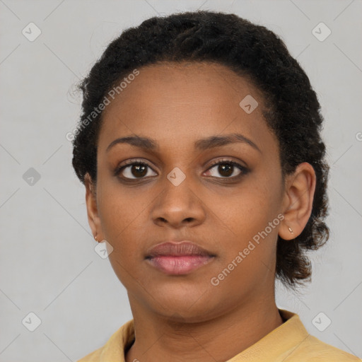 Neutral black young-adult female with short  black hair and brown eyes