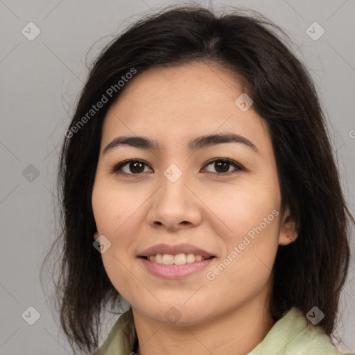 Joyful asian young-adult female with medium  brown hair and brown eyes