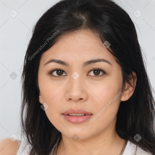 Neutral asian young-adult female with long  brown hair and brown eyes