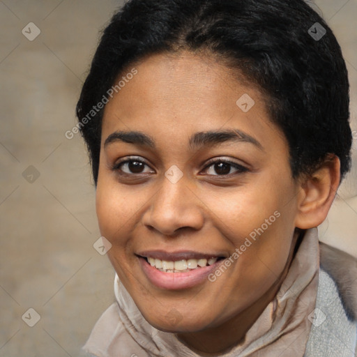 Joyful latino young-adult female with short  brown hair and brown eyes