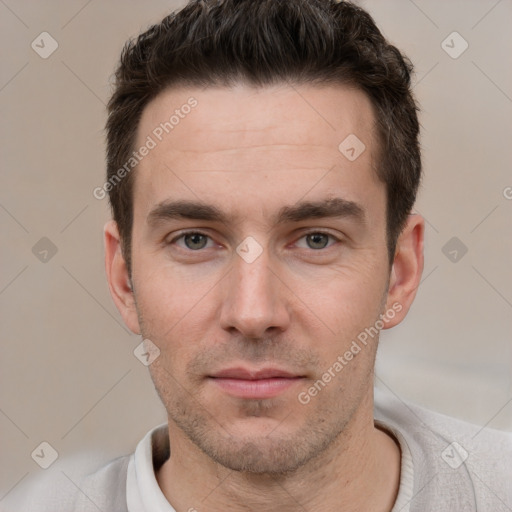 Neutral white young-adult male with short  brown hair and grey eyes