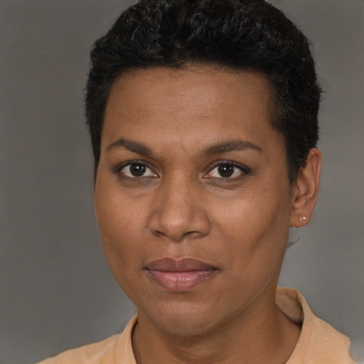 Joyful black adult female with short  brown hair and brown eyes