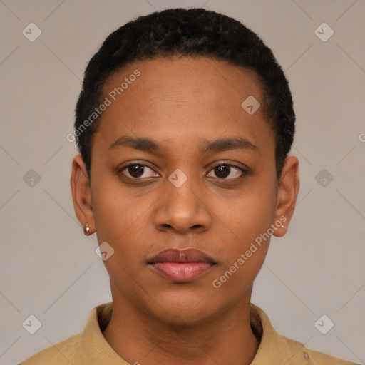 Neutral latino young-adult female with short  black hair and brown eyes
