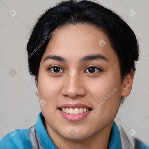 Joyful asian young-adult female with medium  black hair and brown eyes