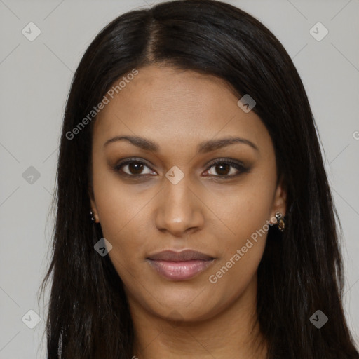 Joyful asian young-adult female with long  brown hair and brown eyes