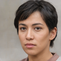 Neutral asian young-adult female with medium  brown hair and brown eyes