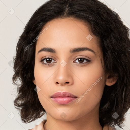 Neutral latino young-adult female with long  brown hair and brown eyes