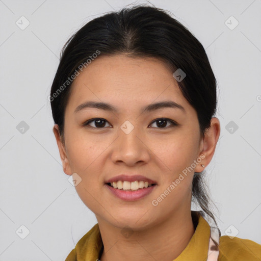 Joyful asian young-adult female with medium  brown hair and brown eyes