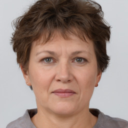 Joyful white adult female with short  brown hair and grey eyes