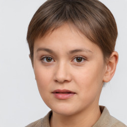 Neutral white young-adult female with short  brown hair and brown eyes