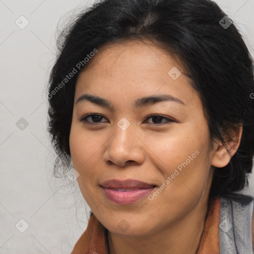 Joyful asian young-adult female with long  brown hair and brown eyes