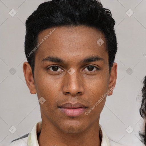 Neutral latino young-adult male with short  black hair and brown eyes