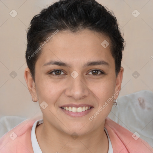 Joyful white young-adult female with short  brown hair and brown eyes