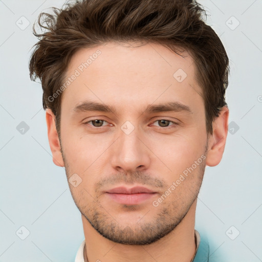 Neutral white young-adult male with short  brown hair and brown eyes